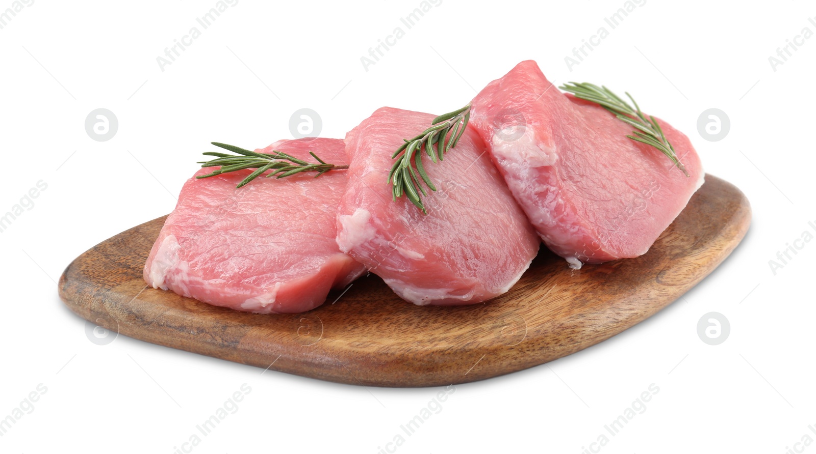 Photo of Wooden board with pieces of raw pork meat and rosemary isolated on white