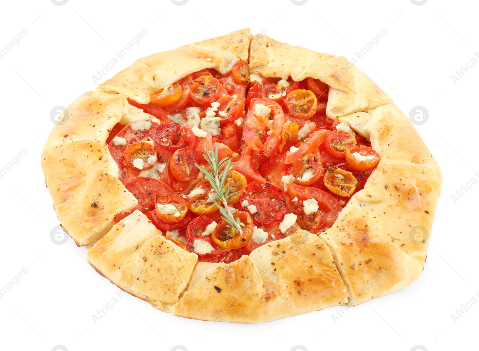 Photo of Tasty galette with tomato, rosemary and cheese (Caprese galette) isolated on white