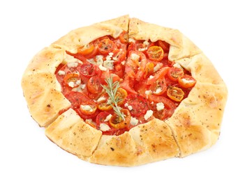 Tasty galette with tomato, rosemary and cheese (Caprese galette) isolated on white