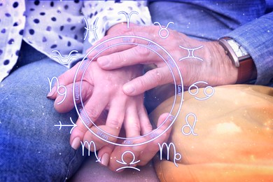 Image of Relationships and horoscope. Zodiac wheel and photo of mature man and woman holding hands, closeup