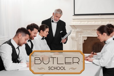 Image of Butler school. Senior man teaching trainees indoors