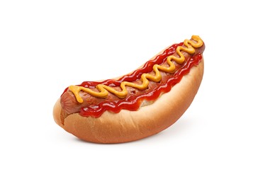 Image of Yummy hot dog with ketchup and mustard isolated on white