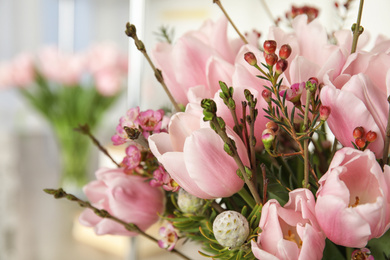 Beautiful bouquet with spring pink tulips, closeup