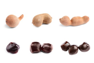 Image of Set with delicious ripe tamarinds on white background. Exotic fruit