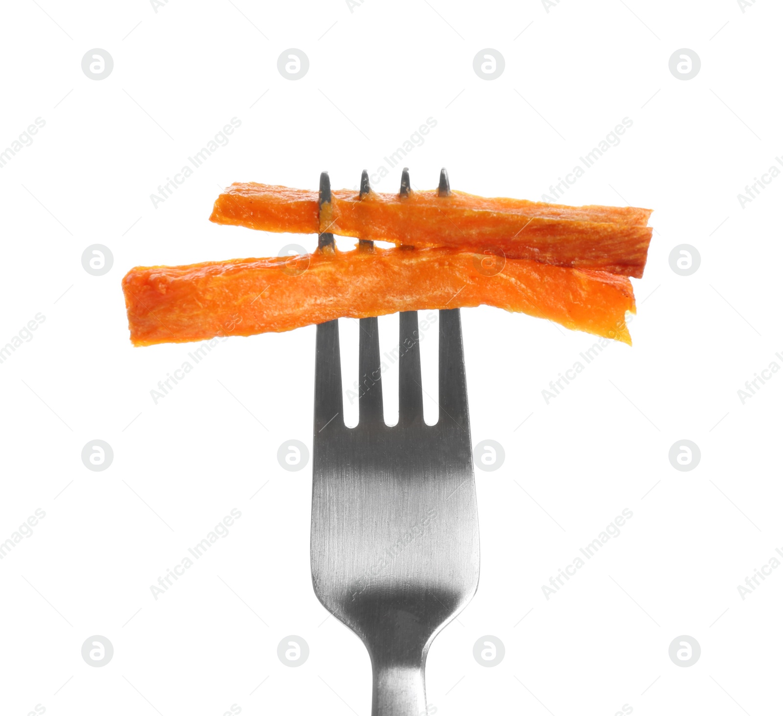 Photo of Fork with tasty sweet potato fries on white background