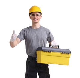 Photo of Professional repairman with tool box showing thumbs up on white background