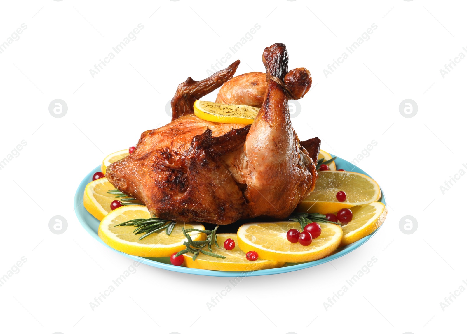 Photo of Chicken with orange slices isolated on white
