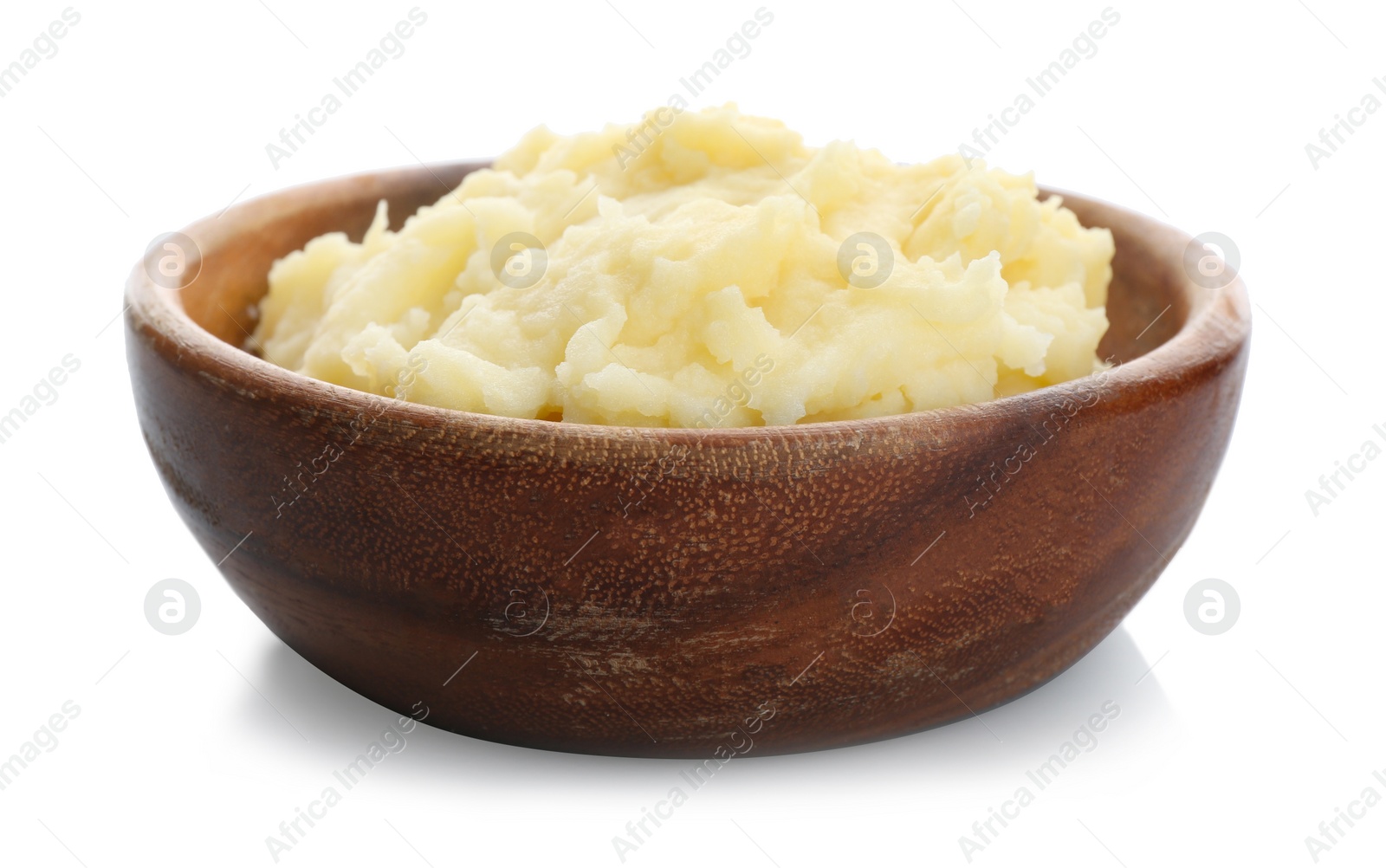 Photo of Bowl with mashed potatoes on white background