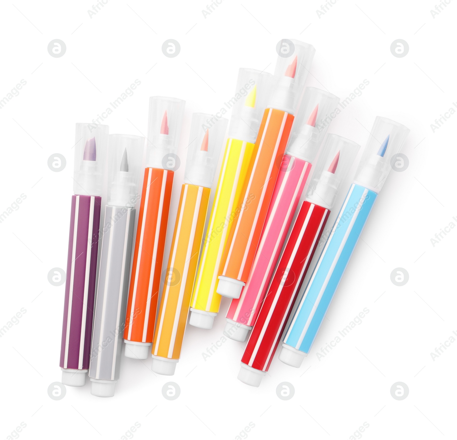 Photo of Many bright markers isolated on white, top view