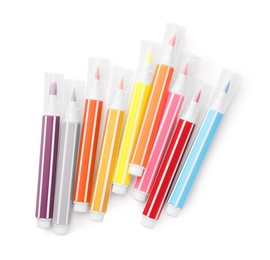 Many bright markers isolated on white, top view