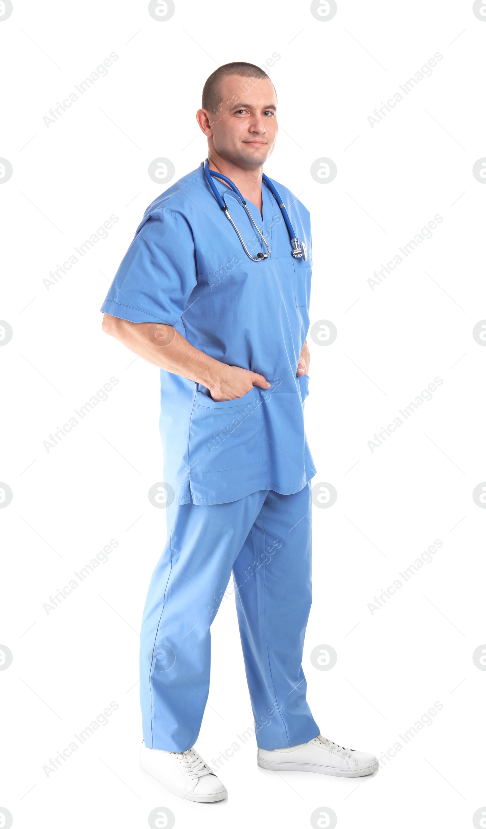 Photo of Full length portrait of medical assistant with stethoscope on white background