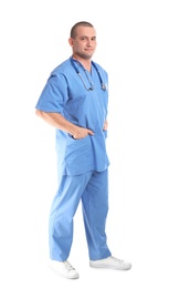 Full length portrait of medical assistant with stethoscope on white background