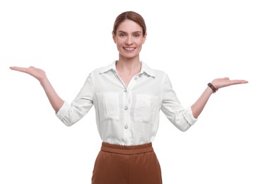 Photo of Beautiful happy businesswoman posing on white background