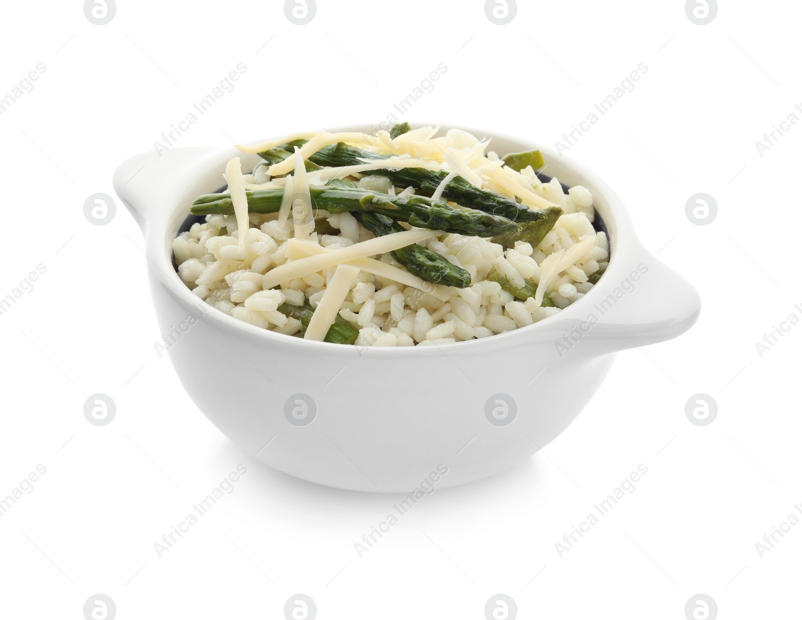 Photo of Delicious risotto with asparagus isolated on white