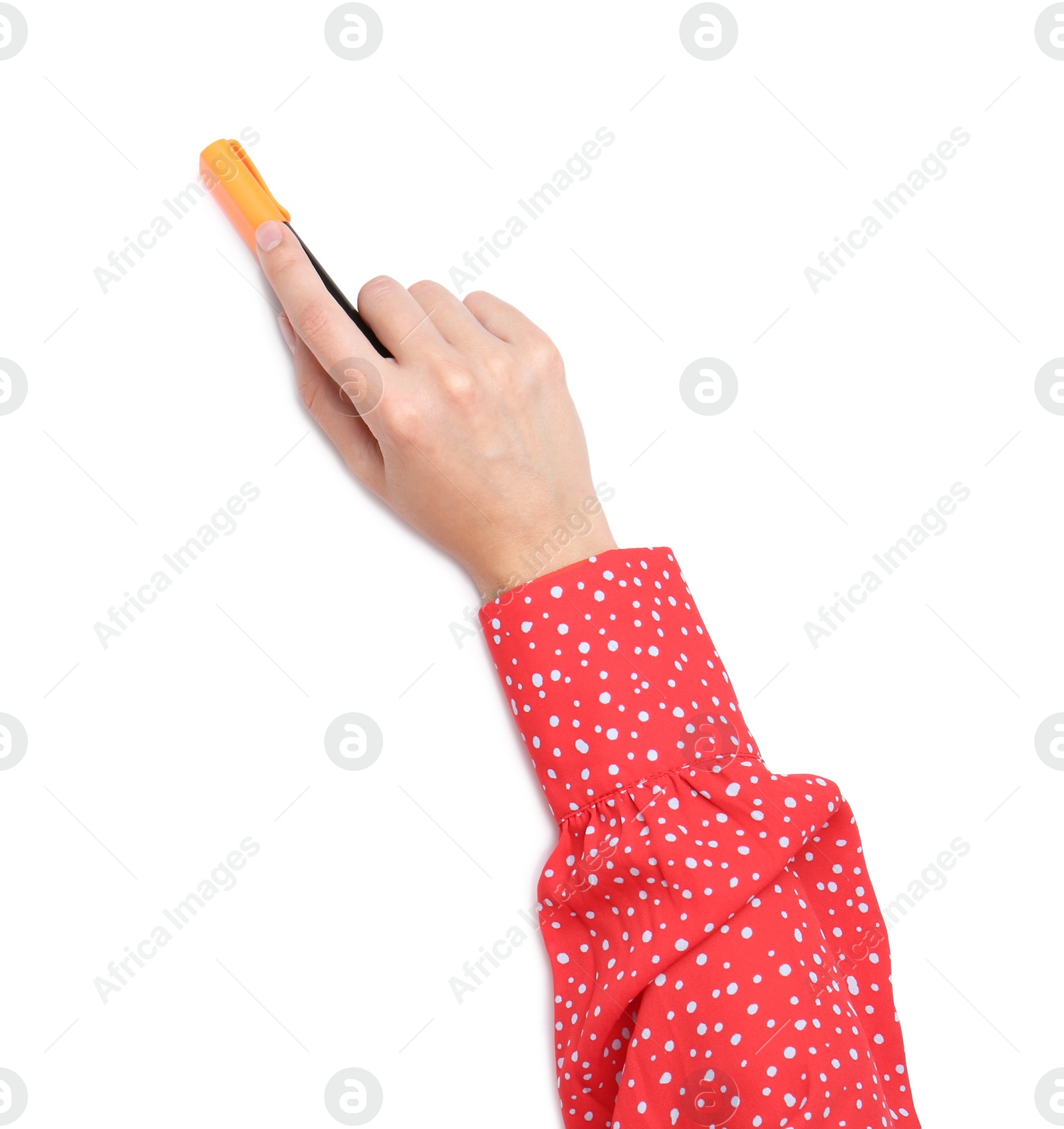 Photo of Woman holding marker on white background, top view