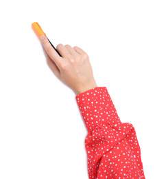 Woman holding marker on white background, top view