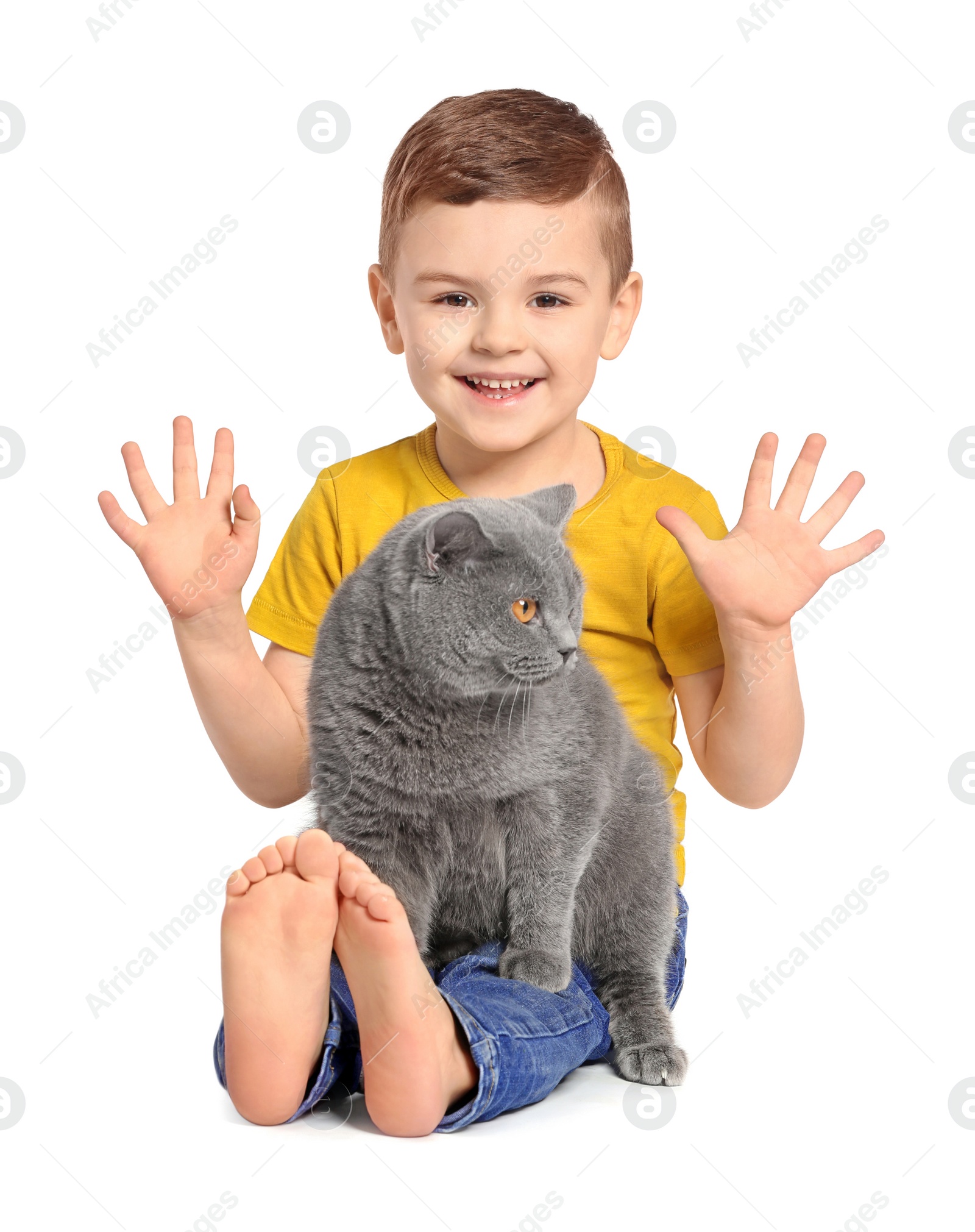 Photo of Cute little child with cat on white background