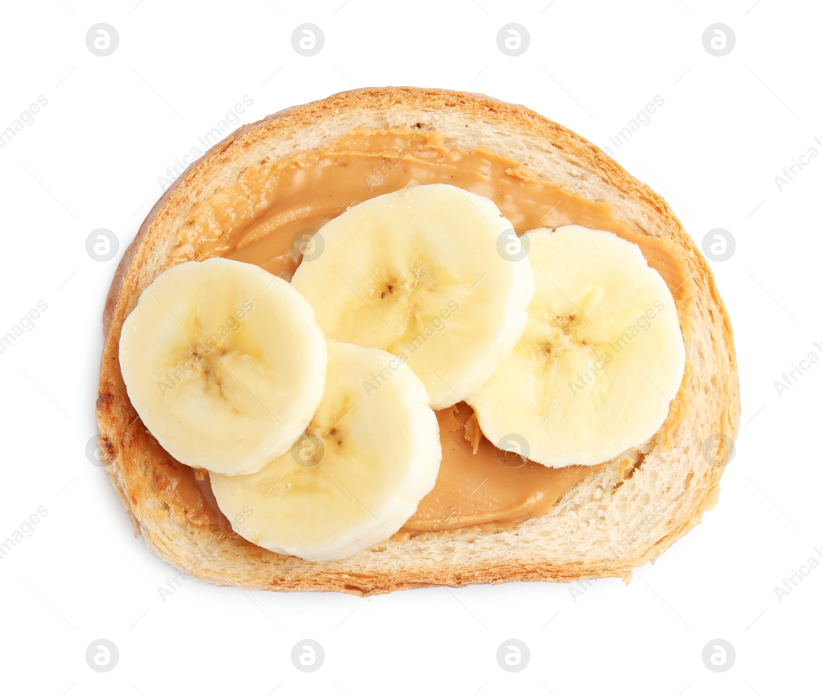 Photo of Slice of bread with peanut butter and banana on white background, top view