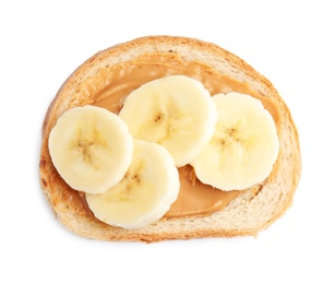 Slice of bread with peanut butter and banana on white background, top view