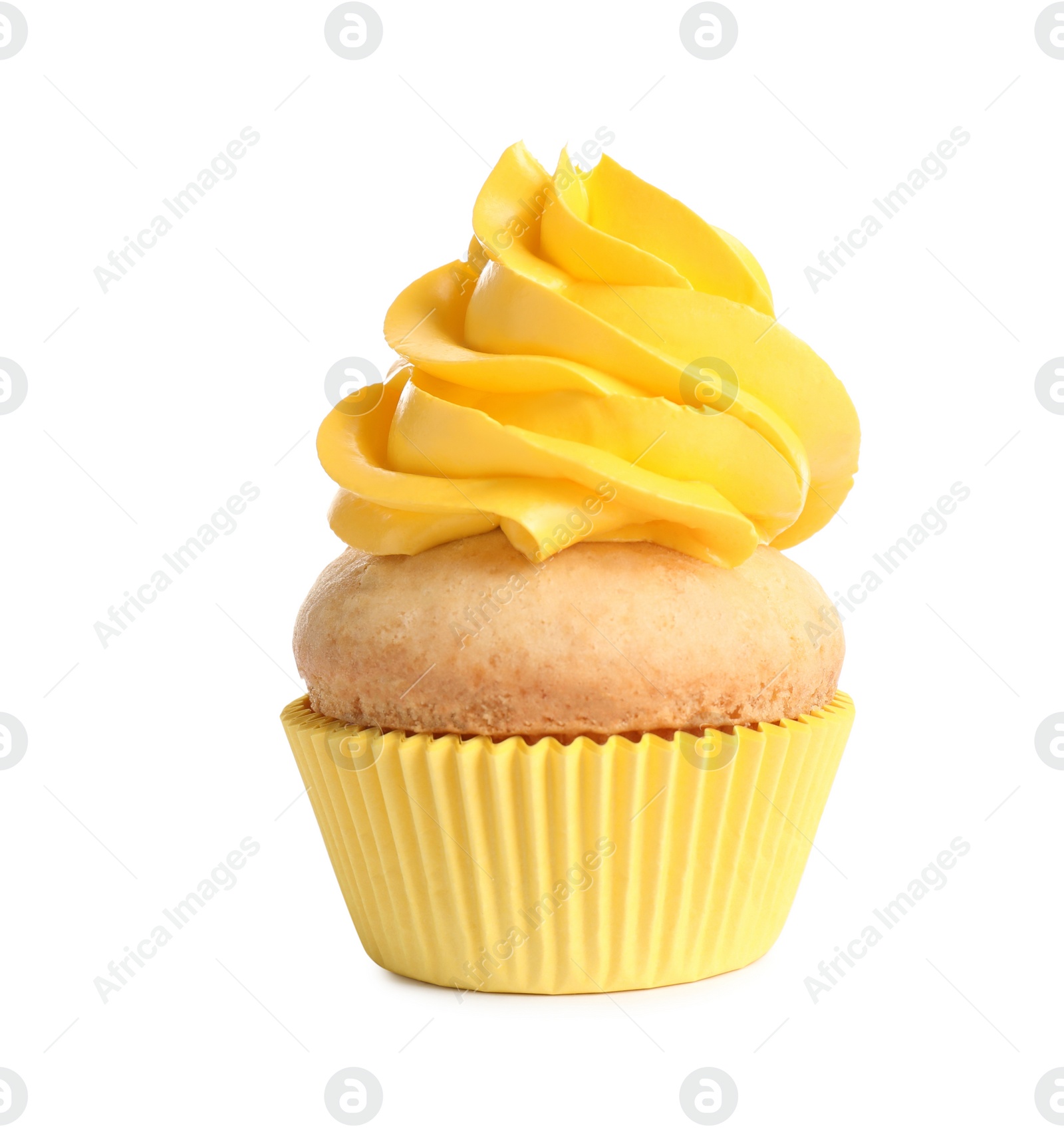 Photo of Delicious birthday cupcake with buttercream isolated on white