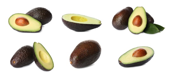 Image of Set of ripe avocados on white background. Banner design