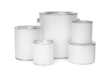 Photo of Set of different paint cans on white background. Mockup for design