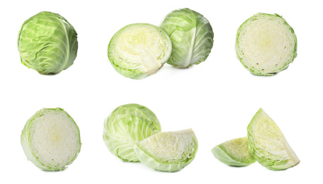 Image of Set of fresh ripe cabbages isolated on white background