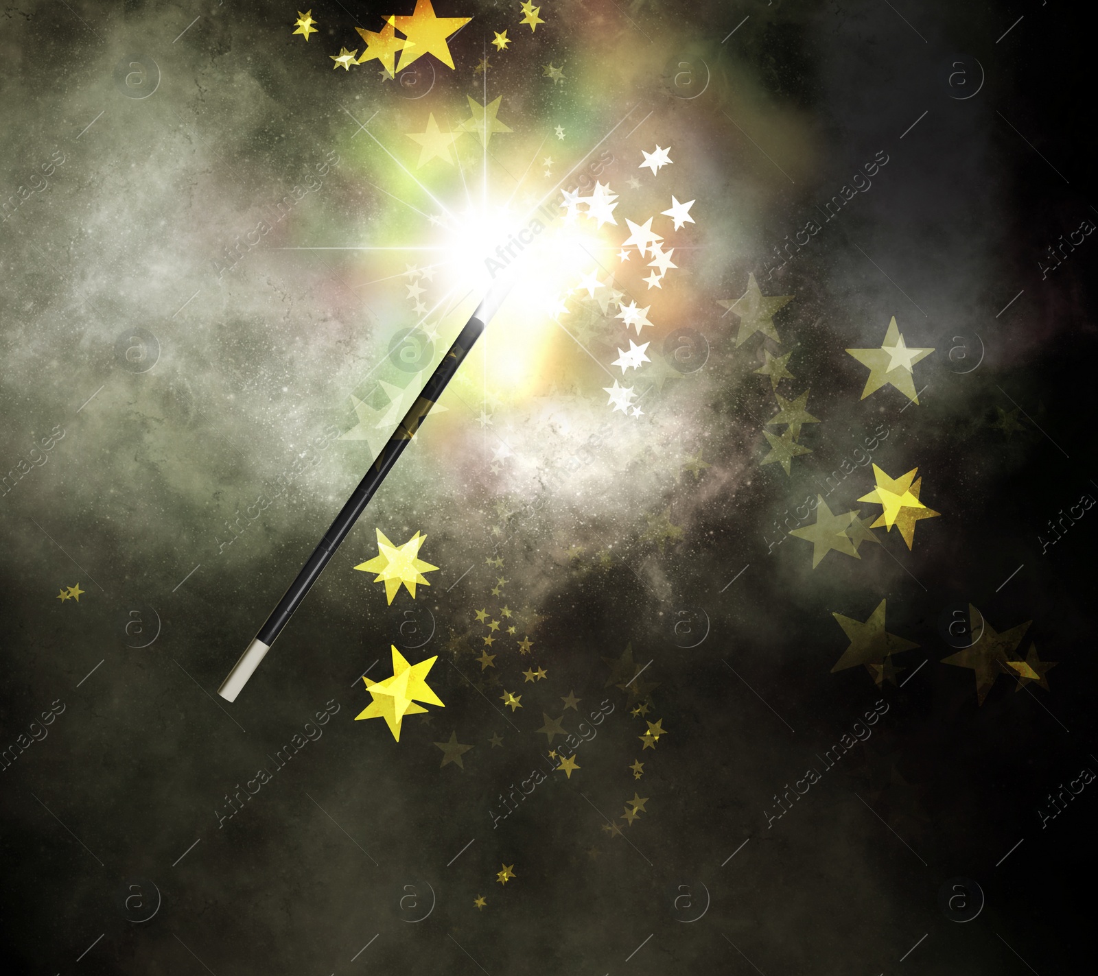 Image of Magic wand and enchanted stars on dark background