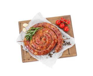 Delicious homemade sausage with spices and tomatoes isolated on white, top view