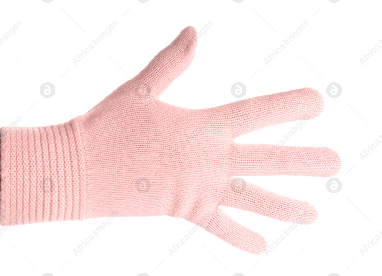 Photo of Woman wearing pink glove on white background, closeup. Autumn clothes