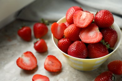 Fresh juicy strawberries on table, closeup. Space for text