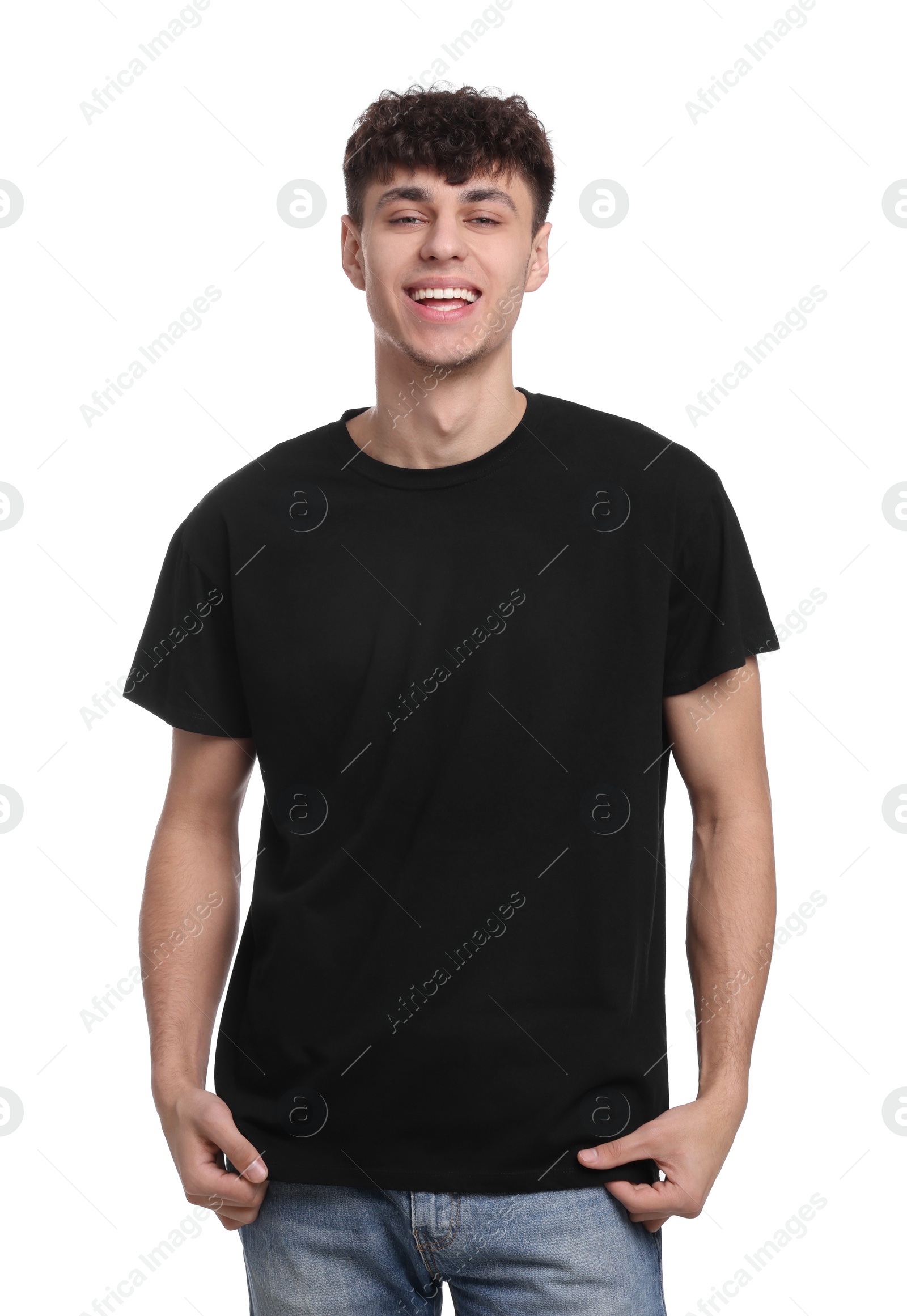 Photo of Young man wearing black t-shirt on white background