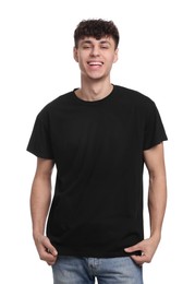 Young man wearing black t-shirt on white background