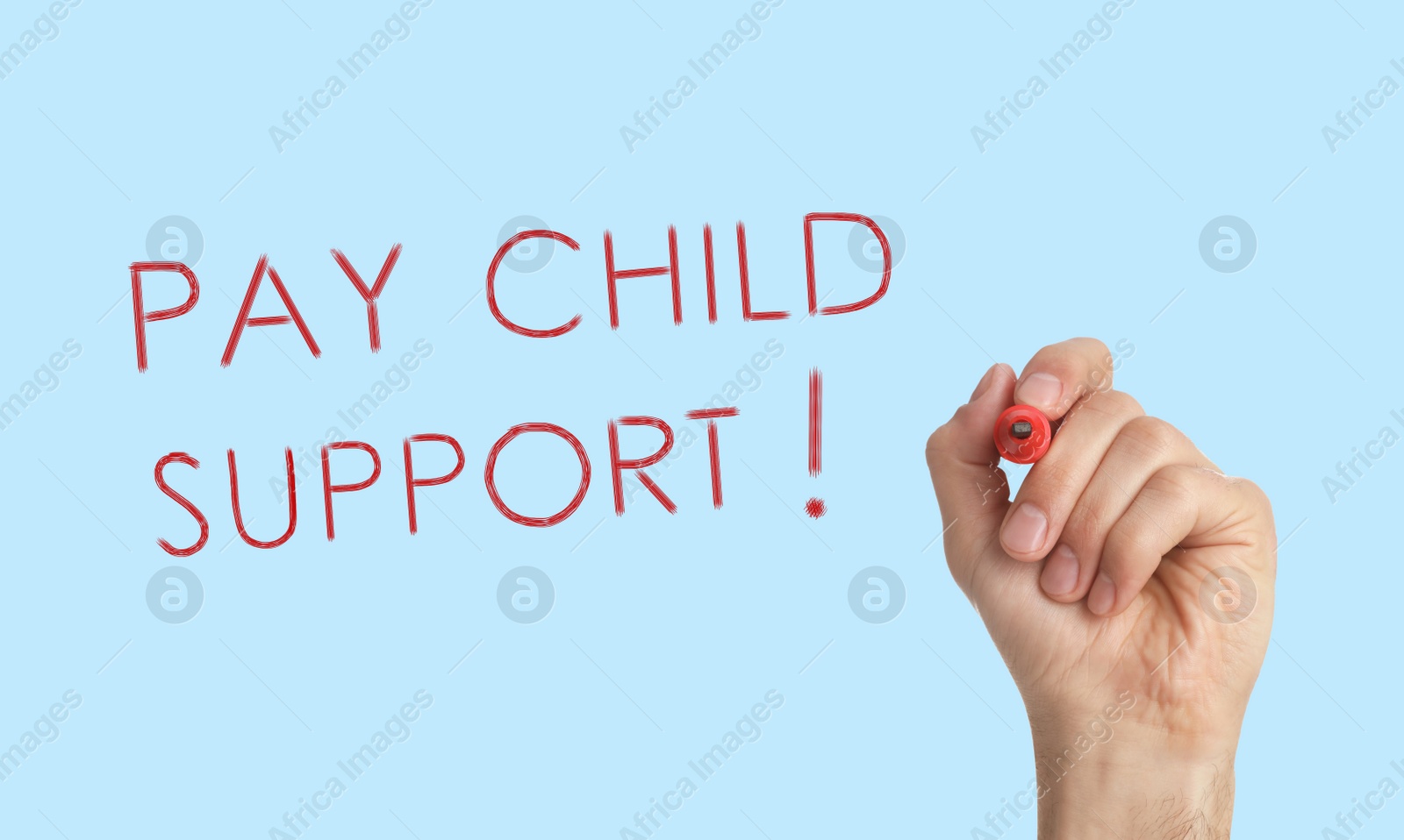 Image of Man with marker and phrase PAY CHILD SUPPORT! on turquoise background, closeup