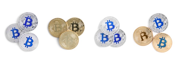 Collage with different bitcoins on white background, top view