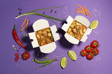 Photo of Flat lay composition with noodle wok and ingredients on purple background
