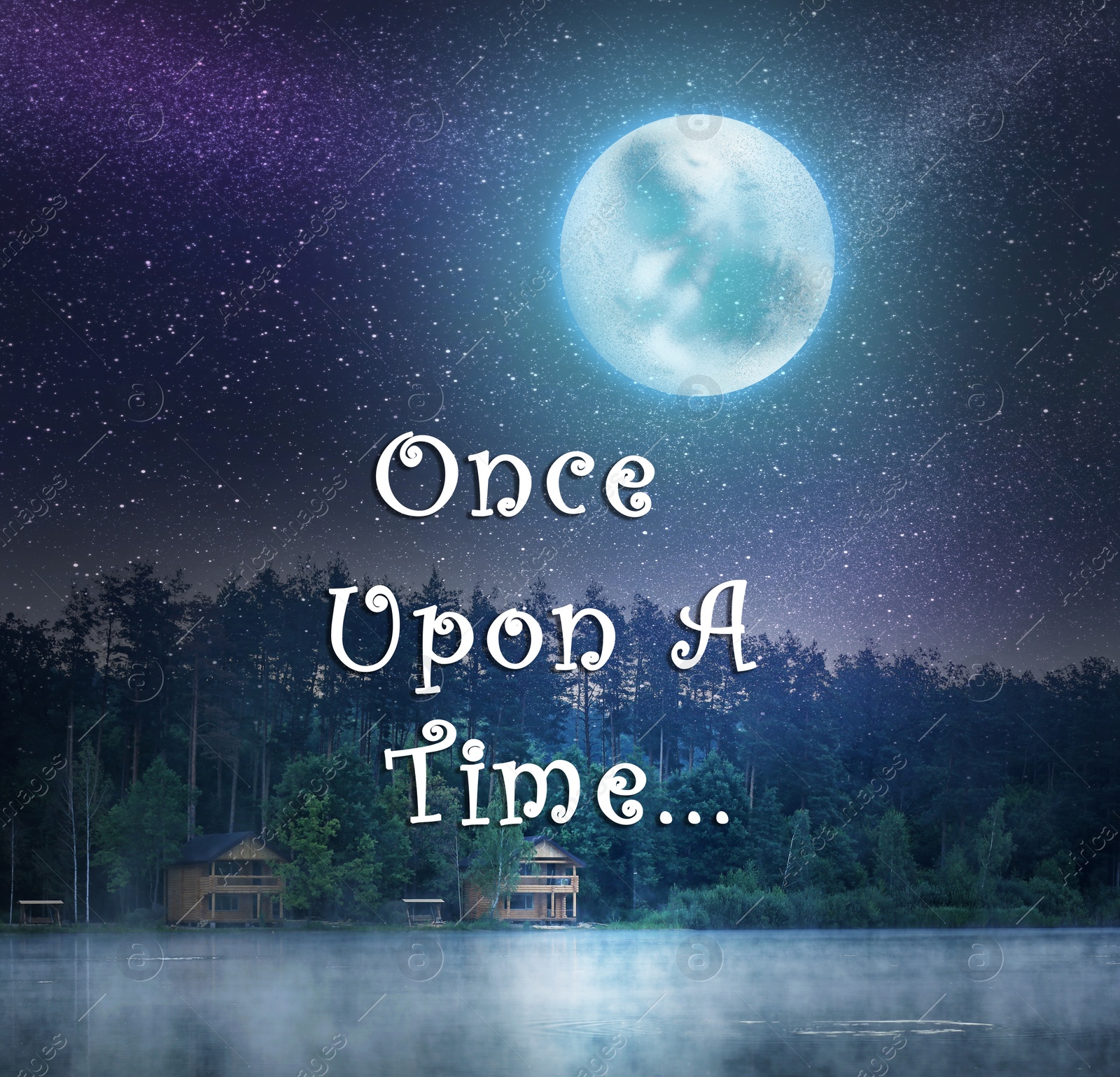 Image of Beautiful night landscape with full moon and text Once upon a time. Fairy tale world