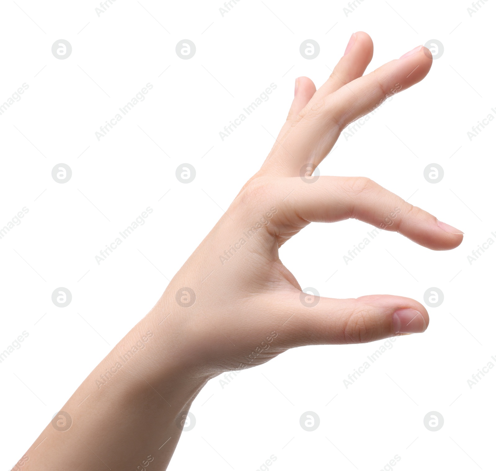 Photo of Woman holding something in hand on white background, closeup