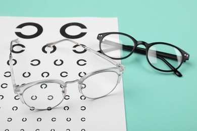 Photo of Vision test chart and glasses on turquoise background, closeup