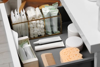 Storage of different feminine and personal care products in drawer