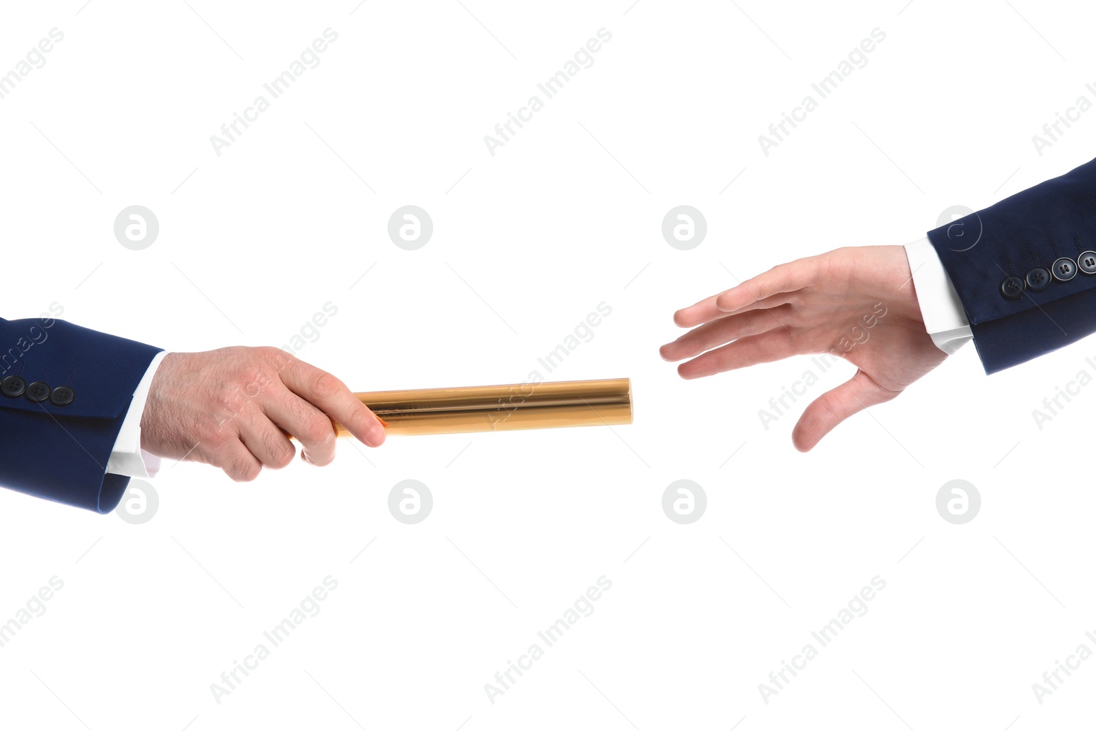 Photo of Businessman passing baton to his partner on white background, closeup