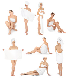 Beautiful women with towels on white background, collage