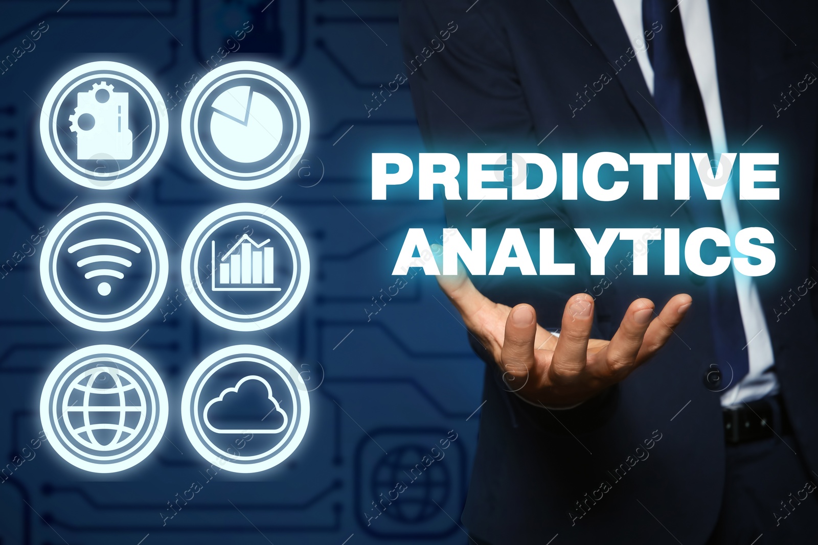 Image of Concept of predictive analytics. Businessman and different virtual icons on color background, closeup