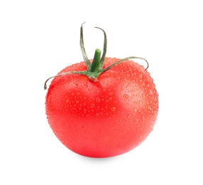 Photo of One red ripe tomato with water drops isolated on white