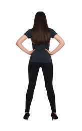 Woman wearing stylish black jeans on white background, back view