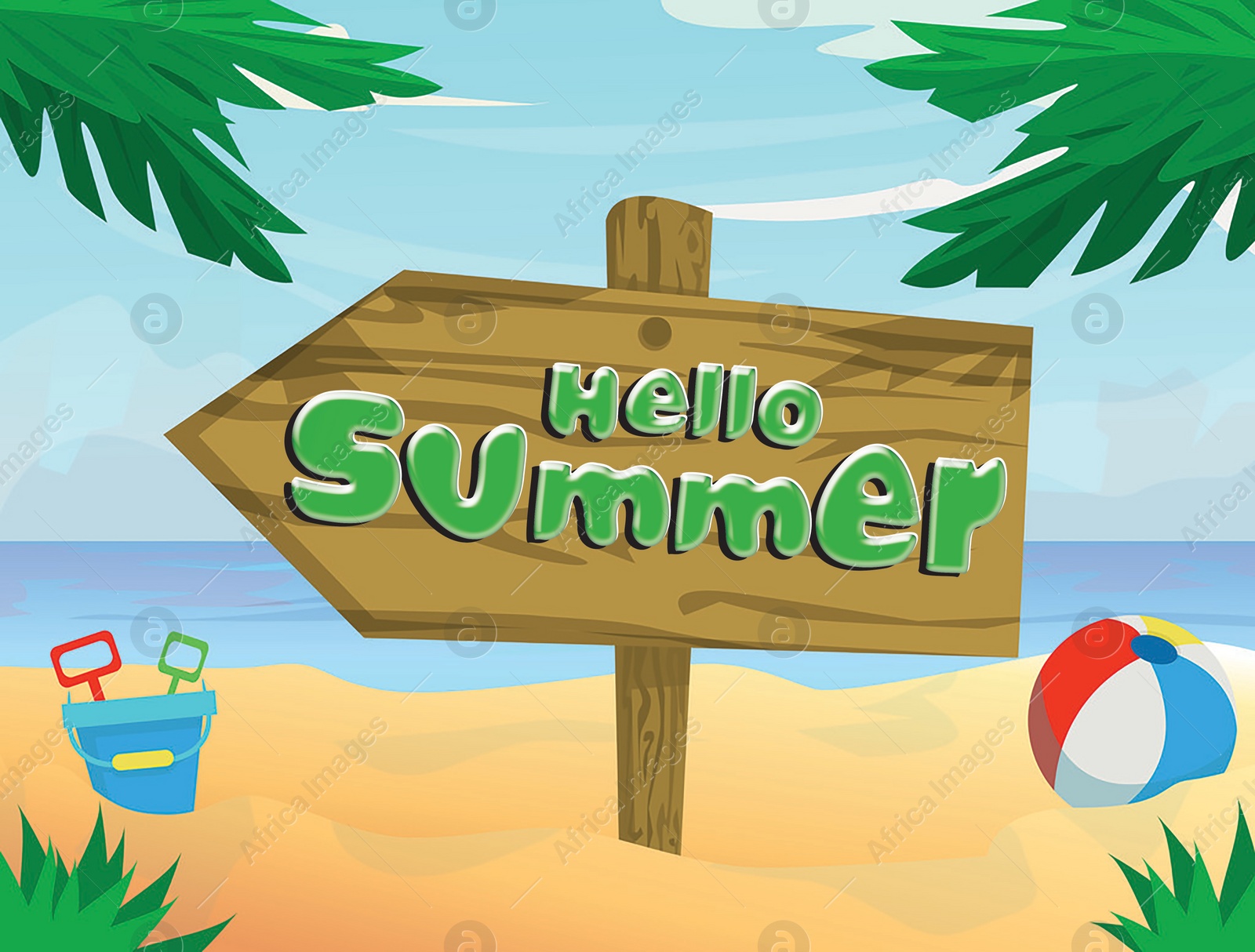 Illustration of Hello summer.  tropical beach with wooden sign and toys near sea