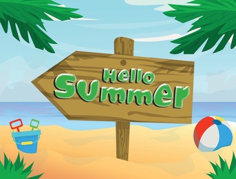 Illustration of Hello summer.  tropical beach with wooden sign and toys near sea