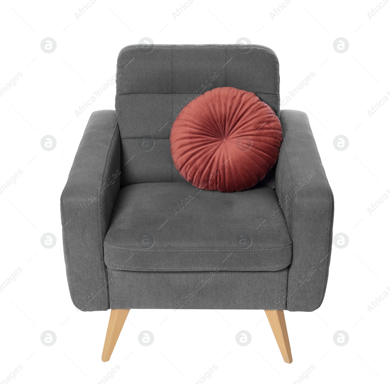 Photo of One grey armchair with pillow isolated on white