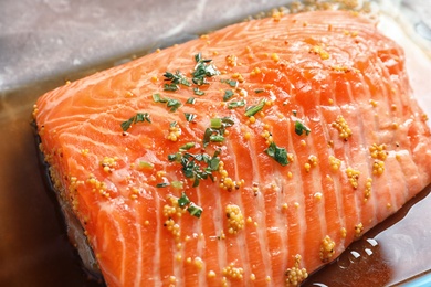 Raw salmon fillet with marinade, closeup