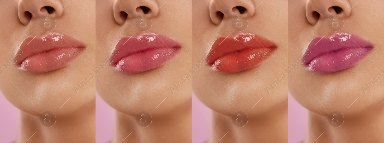 Image of Collage with photos of young woman with different glossy lipsticks on pink background, closeup. Banner design